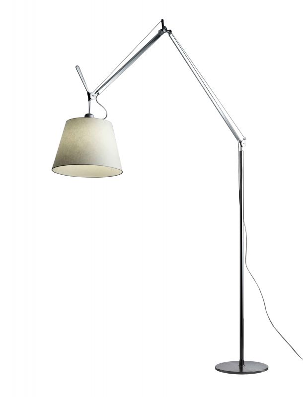 Tolomeo Mega Stehleuchte von Artemide, Aluminium, mit Stoffschirm, Standfuß und Stab für Wohnzimmer und Büro.